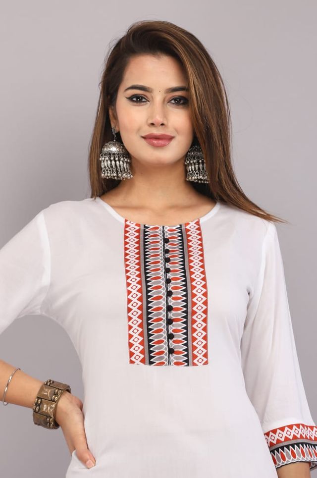 Women Cotton Embroidered Straight Kurti