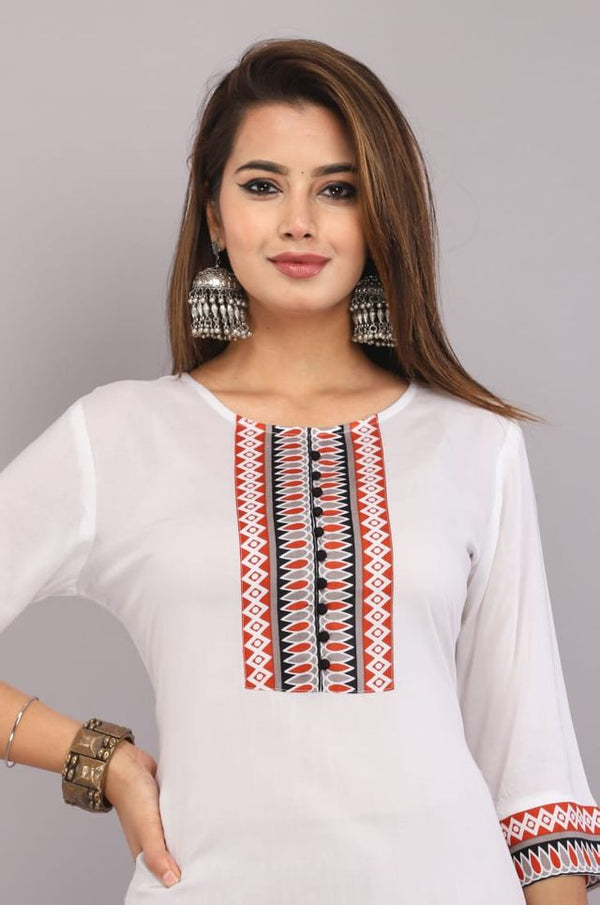Women Cotton Embroidered Straight Kurti