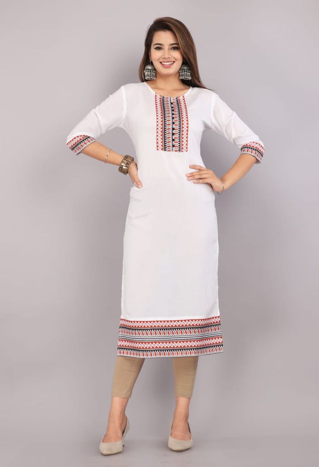 Women Cotton Embroidered Straight Kurti