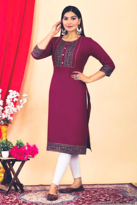 Maroon Embroidered Cotton Straight Kurta for Women