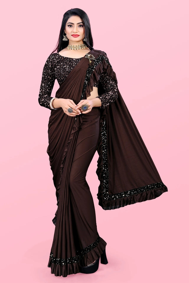 Lycra Blend Solid Saree for Women (Dark Brown, 6.3 m)